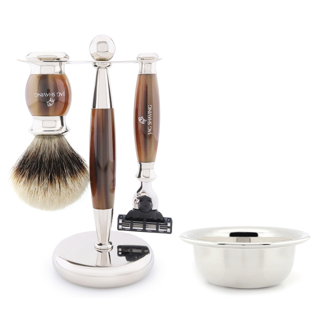 Jag Shaving Shaving Set - Silver Pointed Badger Hair Shaving Brush - 3 Edge Razor Blades - Shaving Bowl - Shaving 2024 Stand - Ivory Gift Set